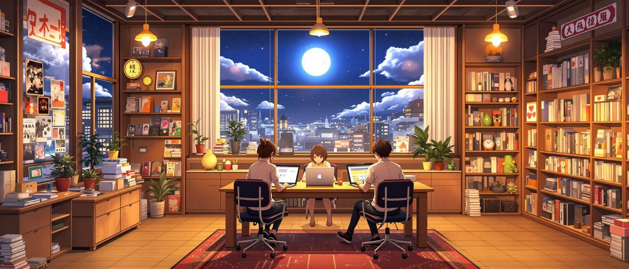 哔咔动漫团队工作场景 - 月光下的动漫编辑部,充满番剧海报与温暖灯光