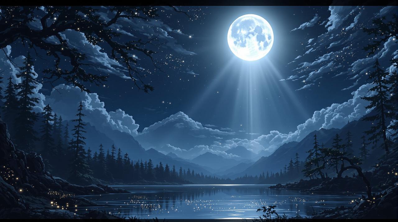哔咔动漫 - 清冷月光下的深夜番剧馆,月光洒落在静谧的湖面上,远山与星空交相辉映,营造出宁静深邃的追番氛围